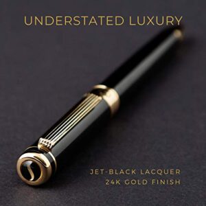 Scriveiner Black Lacquer Rollerball Pen - Stunning Luxury Pen with 24K Gold Finish, Schmidt Ink Refill, Best Roller Ball Pen Gift Set for Men & Women, Professional, Executive Office, Nice Pens