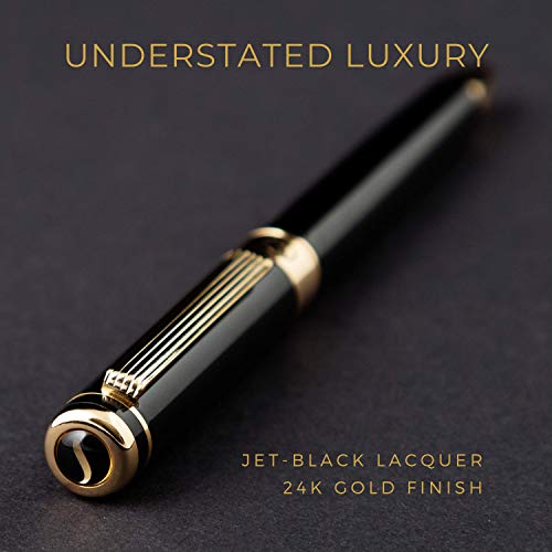 Scriveiner Black Lacquer Rollerball Pen - Stunning Luxury Pen with 24K Gold Finish, Schmidt Ink Refill, Best Roller Ball Pen Gift Set for Men & Women, Professional, Executive Office, Nice Pens