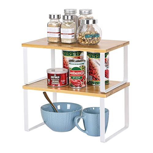 NEX Bamboo Kitchen Cabinet and Counter Shelf Organizer, Stackable & Expandable, White and Natural