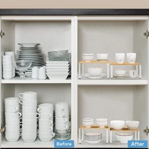 NEX Bamboo Kitchen Cabinet and Counter Shelf Organizer, Stackable & Expandable, White and Natural