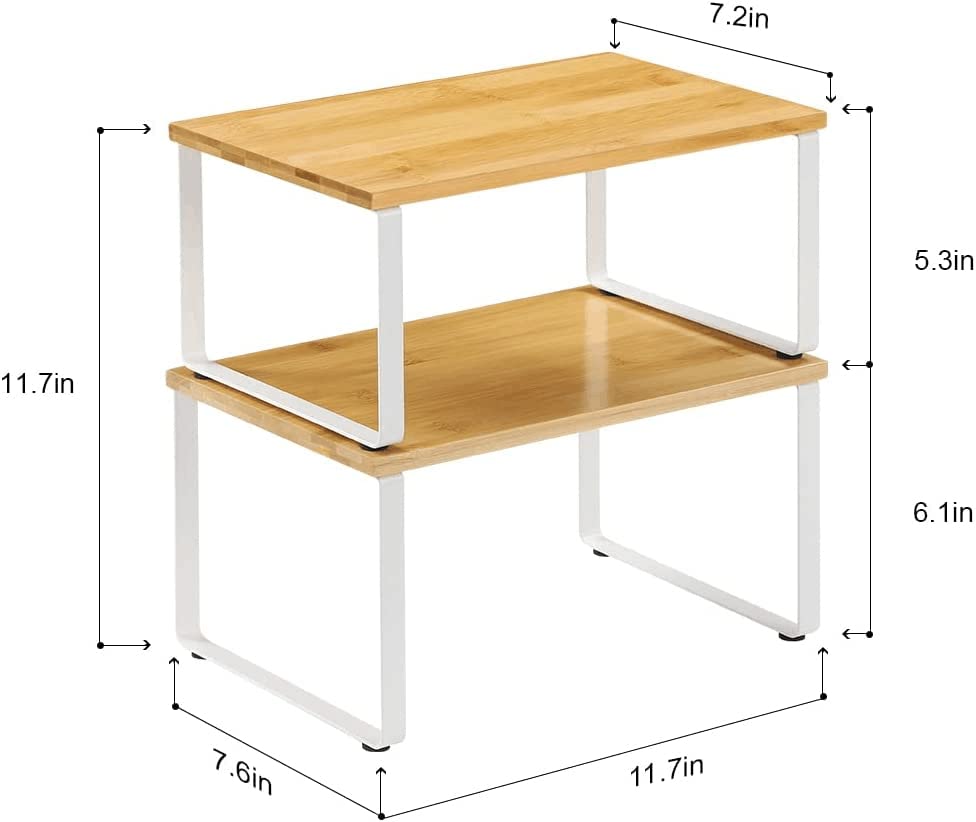 NEX Bamboo Kitchen Cabinet and Counter Shelf Organizer, Stackable & Expandable, White and Natural