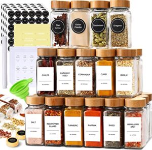 24 glass spice jars with label set bamboo shaker lids & funnel, kitchen airtight sugar packet holder storage jars with lid, spices & seasonings sets organizer spice containers, glass jar food canister