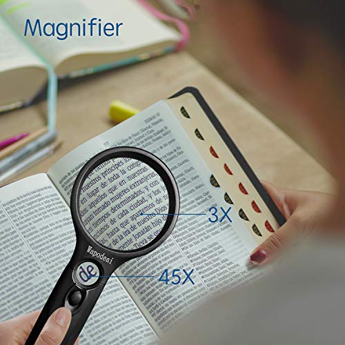 Wapodeai Magnifying Glass with Light, 3X 45X High Magnification, LED Handheld Lighted Magnifier, Suitable for Reading, Jewellery, Crafts, Lnspection, Science (Black)