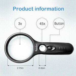 Wapodeai Magnifying Glass with Light, 3X 45X High Magnification, LED Handheld Lighted Magnifier, Suitable for Reading, Jewellery, Crafts, Lnspection, Science (Black)