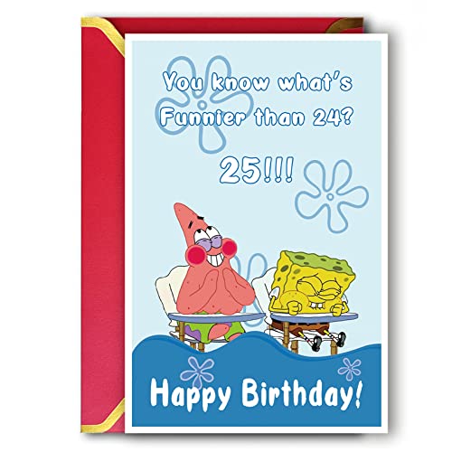 Funny 25th Birthday Card for Friend, 25th Birthday Gifts for Women, Cute Spongebob Patrick Star Meme Card for Girlfriend, Humorous 25th Birthday Card for Sister Brother, You Know What's Funnier Than 24?