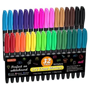 shuttle art dry erase markers, 32 pack 16 colors whiteboard markers,fine tip dry erase markers for kids,perfect for writing on whiteboards,dry-erase boards,mirrors,calender,school office supplies