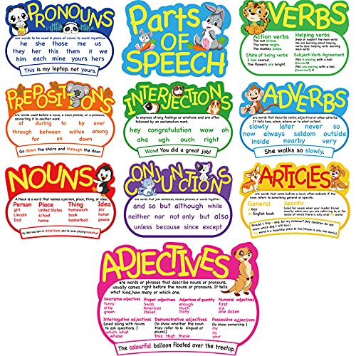 10 Pieces Parts of Speech Poster Grammar Poster Educational Grammar Cutouts Bulletin Board Set for Student Classroom School, 16.5 x 11.5 Inches