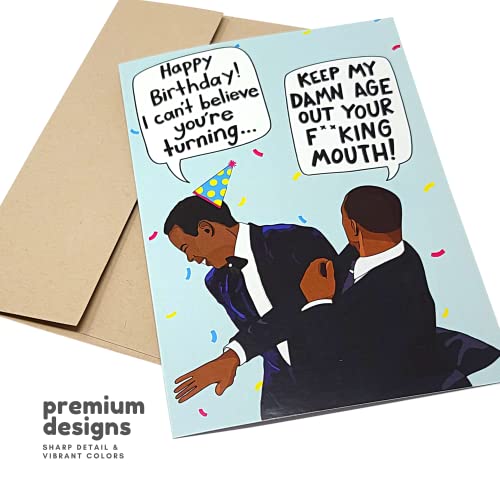 Sleazy Greetings Funny Birthday Card Meme For Him Her Men Women | Keep My Age Out Your Mouth Slap | Will Smith Slaps Chris Rock Happy Birthday Card