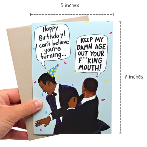 Sleazy Greetings Funny Birthday Card Meme For Him Her Men Women | Keep My Age Out Your Mouth Slap | Will Smith Slaps Chris Rock Happy Birthday Card