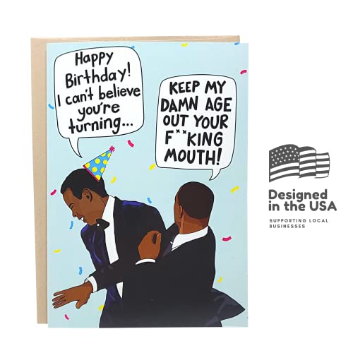 Sleazy Greetings Funny Birthday Card Meme For Him Her Men Women | Keep My Age Out Your Mouth Slap | Will Smith Slaps Chris Rock Happy Birthday Card