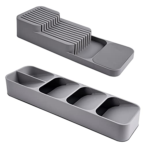 MIXHOMIC Kitchen Drawer Organizer, Knives Block & Cutlery Organizer Set, Cutlery Organizer in Drawer, Drawer Store Tray for Cutlery Knives Fork Spoon, Silverware Organizer Partition Storage Box