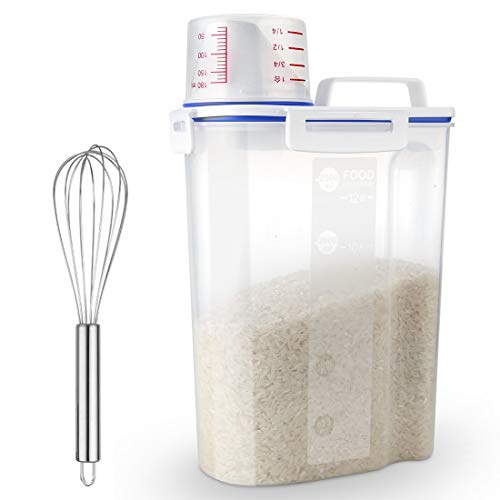 Uppetly Rice Airtight Dry Food Storage Containers, BPA Free Plastic Sealed Holder Bin Dispenser with Pouring Spout, Measuring Cup for Cereal, Flour and Oatmeal, Include a Stainless Steel Whisk