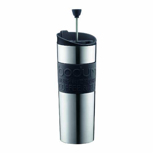 Bodum Travel Press, Stainless Steel Travel Coffee and Tea Press, 15 Ounce, .45 Liter, Black,1 Count (Pack of 1)