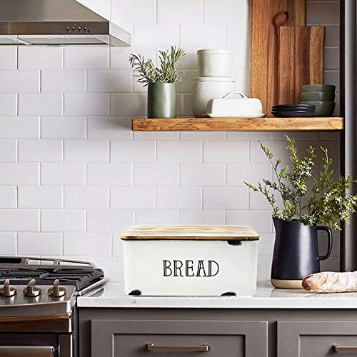 AVV Farmhouse Bread Box for Kitchen Countertop Metal White Loaf of Bread Storage Container Large Vintage Bin Retro Rustic Counter Breadbox