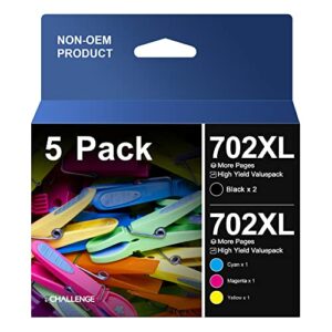 t702 t702xl 5 pack ink cartridges replacement for epson 702 xl 702xl t702xl to use with workforce pro wf-3720 wf-3730 wf-3733 printer new upgraded chips (2 black, 1 cyan, 1 magenta, 1 yellow)