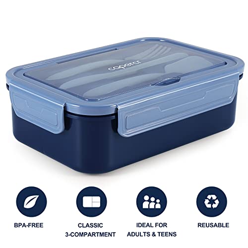 Caperci Classic Bento Box Adult Lunch Box for Older Kids - Leakpoof 47 oz 3-Compartment Lunch Containers for Adults and Teens, Built-in Utensil Set, Ideal for On-the-Go Balanced Eating, Navy Blue