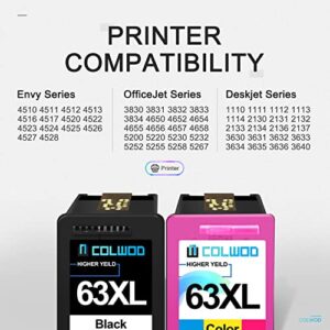 COLWOD High-Yield Remanufactured 63XL Ink Cartridge Replacement for HP 63 63 XL use with HP OfficeJet 3830 4650 5255 5258 Envy 4520 4512 DeskJet 1112 1110 3630 3632 3634 Printer (1 Black 1 Tri-Color)