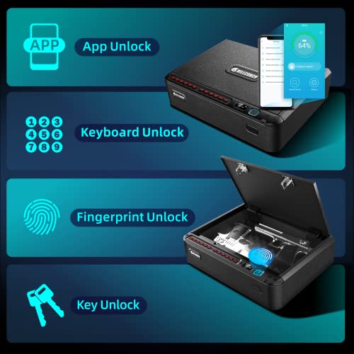 BILLCONCH Smart Gun Safe - Biometric Gun Safe for Pistols with Fingerprint/Full-digital Keypad/Key/Smartphone Lock, Quick-Access Pistol Safe for Beside Nightstand Handgun Safe with LCD/Voice Guide