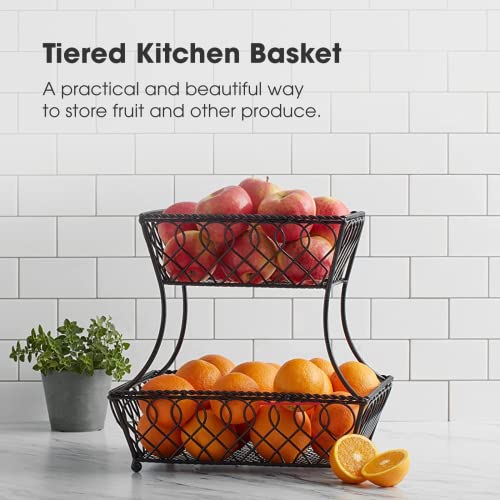 Gourmet Basics by Mikasa Loop and Lattice 2-Tier Metal Rectangular Fruit Storage Basket, 14-Inch, Antique Black