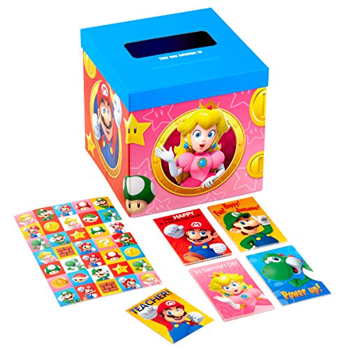 Hallmark Valentines Day Cards for Kids and Mailbox for Classroom Exchange, Super Mario Bros (1 Box, 32 Valentine Cards, 35 Stickers, 1 Teacher Card)