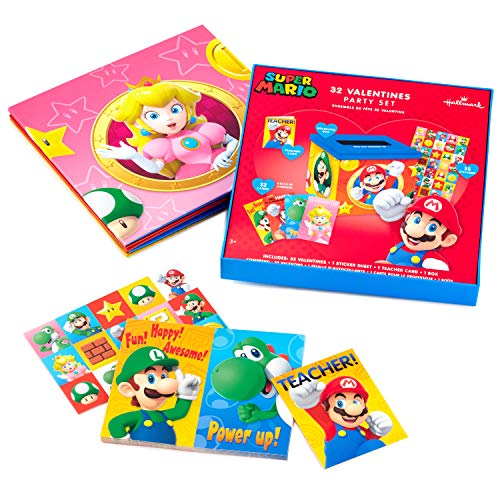 Hallmark Valentines Day Cards for Kids and Mailbox for Classroom Exchange, Super Mario Bros (1 Box, 32 Valentine Cards, 35 Stickers, 1 Teacher Card)