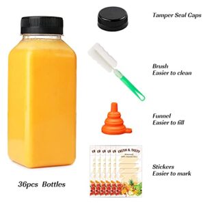 BAKHUK 36pcs 8oz Empty Plastic Juice Bottles with Lids, Reusable Clear Containers with Black Tamper Evident Caps for Juice, Milk and Other Beverages