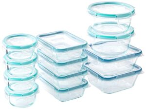 snapware total solution 24-pc glass food storage container set with plastic lids, 4-cup, 2-cup & 1-cup meal prep containers, bpa-free lids with 4 locking tabs, microwave, dishwasher, and freezer safe