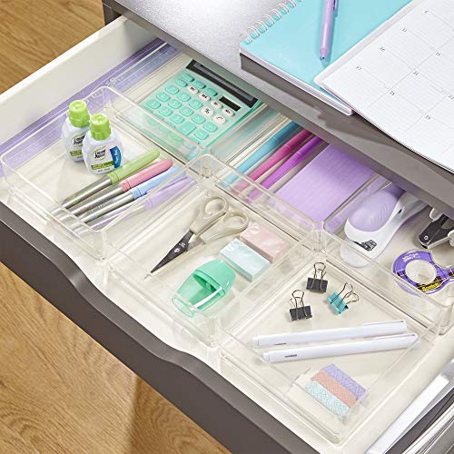 STORi SimpleSort 6-Piece Stackable Clear Drawer Organizer Set | 6" x 6" x 2" Square Trays | Small Makeup Vanity Storage Bins and Office Desk Drawer Dividers | Made in USA