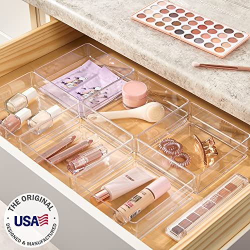 STORi SimpleSort 6-Piece Stackable Clear Drawer Organizer Set | 6" x 6" x 2" Square Trays | Small Makeup Vanity Storage Bins and Office Desk Drawer Dividers | Made in USA