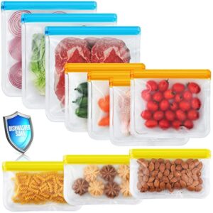 10 pack reusable ziplock bags silicone, leakproof reusable freezer bags, bpa free reusable food storage bags for lunch marinate food travel – 3 gallon 3 snack 4 sandwich bags