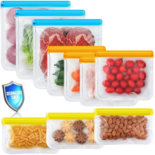 10 Pack Reusable Ziplock Bags Silicone, Leakproof Reusable Freezer Bags, BPA Free Reusable Food Storage Bags for Lunch Marinate Food Travel - 3 Gallon 3 Snack 4 Sandwich Bags