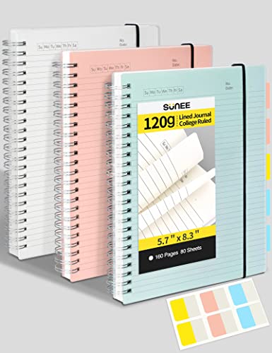 SUNEE 3 Pack Spiral Notebook - A5 Lined Journal Notebook, 120gsm Thick Paper, College Ruled, Giftable Journal for Study and Notes 80 Sheets, 5.7" x 8.3", Blue, Pink, Transparent