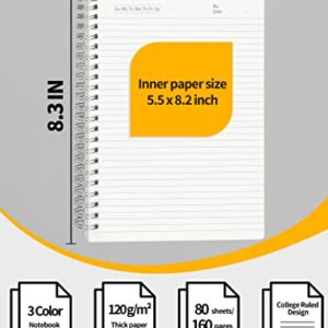 SUNEE 3 Pack Spiral Notebook - A5 Lined Journal Notebook, 120gsm Thick Paper, College Ruled, Giftable Journal for Study and Notes 80 Sheets, 5.7" x 8.3", Blue, Pink, Transparent