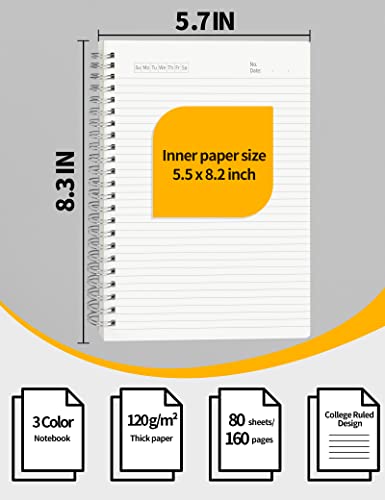 SUNEE 3 Pack Spiral Notebook - A5 Lined Journal Notebook, 120gsm Thick Paper, College Ruled, Giftable Journal for Study and Notes 80 Sheets, 5.7" x 8.3", Blue, Pink, Transparent