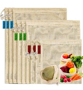 reusable-cotton-mesh-produce-shopping-bags-washable eco friendly premium see through lightweight net zero bulk bags for veggie fruit vegetable grocery storage ( 9 packs )