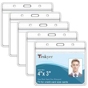 teskyer 5 pcs vaccine card holder, 4″ x 3″ plastic badge holder, multifunctional waterproof clear card sleeves for nursing badge reference cards, medicare cards protectors