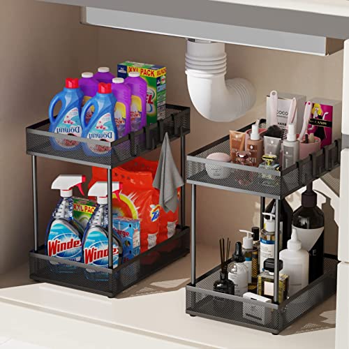 Under Sink Organizers and Storage, Bathroom Cabinet Organizer and Storage, 2 Tier Under Cabinet Organizers and Storage with 4 Hooks, Metal Kitchen Sink Storage Organizer with Non-slip Feet-2 Pack