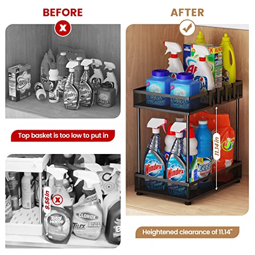 Under Sink Organizers and Storage, Bathroom Cabinet Organizer and Storage, 2 Tier Under Cabinet Organizers and Storage with 4 Hooks, Metal Kitchen Sink Storage Organizer with Non-slip Feet-2 Pack