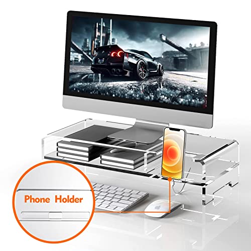 BEYGORM Acrylic Monitor Stand Riser, Wide 20", 2 Tier Computer Stand with Storage, Desk Organizer Desktop Printer Stand Laptop Storage Shelf Screen Holder with Phone Holder(Clear)