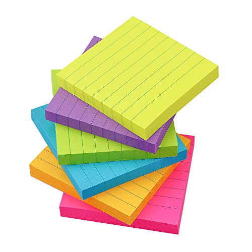Lined Sticky Notes 3x3 inch Bright Colors Self-Stick Pads 6 Pads/Pack 90 Sheets/Pad Total 540 Sheets