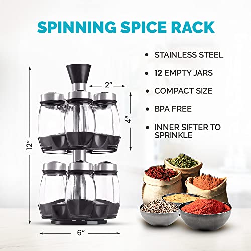 Spice Organizer - Spice Rack Organizer for Cabinet, Seasoning Organizer includes 12 Empty Jars + Labels. Rotating Spice Rack - Compact Herb and Spices Organizer to Fit Cabinets or Countertops