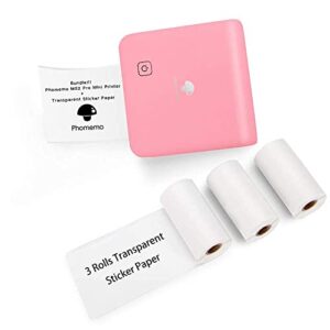 phomemo m02 pro mini thermal printer- bluetooth photo printer with 3 rolls transparent sticker paper, compatible with ios + android for plan journal, study notes, art creation, work, gift, pink