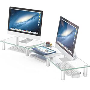 hemudu dual monitor stand -adjustable length and angle dual monitor riser, computer monitor stand, desktop organizer, monitor stand riser for pc, computer, laptop (clear)