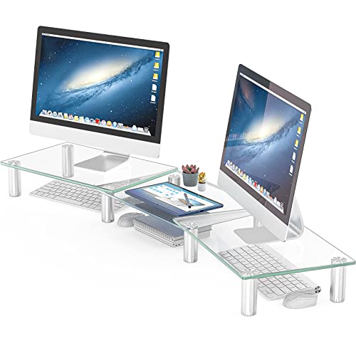 Hemudu Dual Monitor Stand -Adjustable Length and Angle Dual Monitor Riser, Computer Monitor Stand, Desktop Organizer, Monitor Stand Riser for PC, Computer, Laptop (Clear)