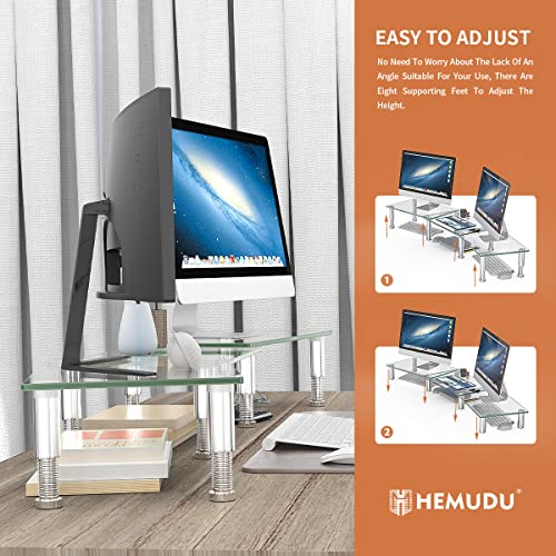 Hemudu Dual Monitor Stand -Adjustable Length and Angle Dual Monitor Riser, Computer Monitor Stand, Desktop Organizer, Monitor Stand Riser for PC, Computer, Laptop (Clear)