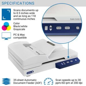 Visioneer Xerox Duplex Combo Scanner for PC and Mac, USB Flatbed Document Scanner, 30 PPM, 35 Page Automatic Document Feeder (ADF), TAA