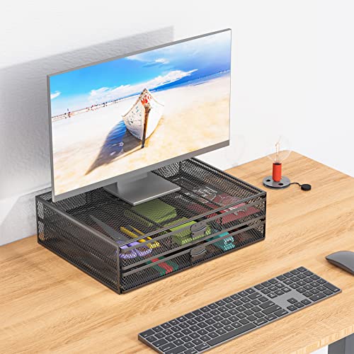 WALI Metal Mesh Monitor Riser Desktop Stand with Storage Drawers for Computer, Laptop, LED, LCD, OLED Flat Screen Display, and Printer (STT006-B), Black