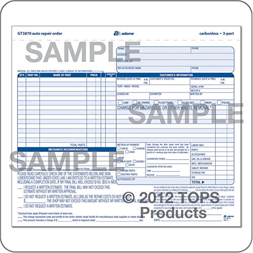 Adams Auto Repair Order Forms, 8.5 x 7.44 Inch, 3-Part, Carbonless, 50-Pack, White and Canary (GT3870)