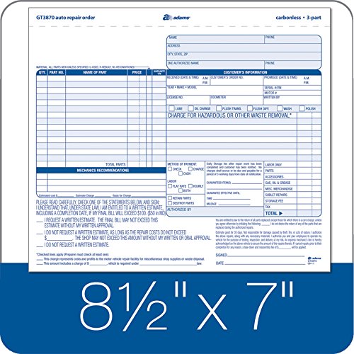 Adams Auto Repair Order Forms, 8.5 x 7.44 Inch, 3-Part, Carbonless, 50-Pack, White and Canary (GT3870)