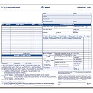 Adams Auto Repair Order Forms, 8.5 x 7.44 Inch, 3-Part, Carbonless, 50-Pack, White and Canary (GT3870)